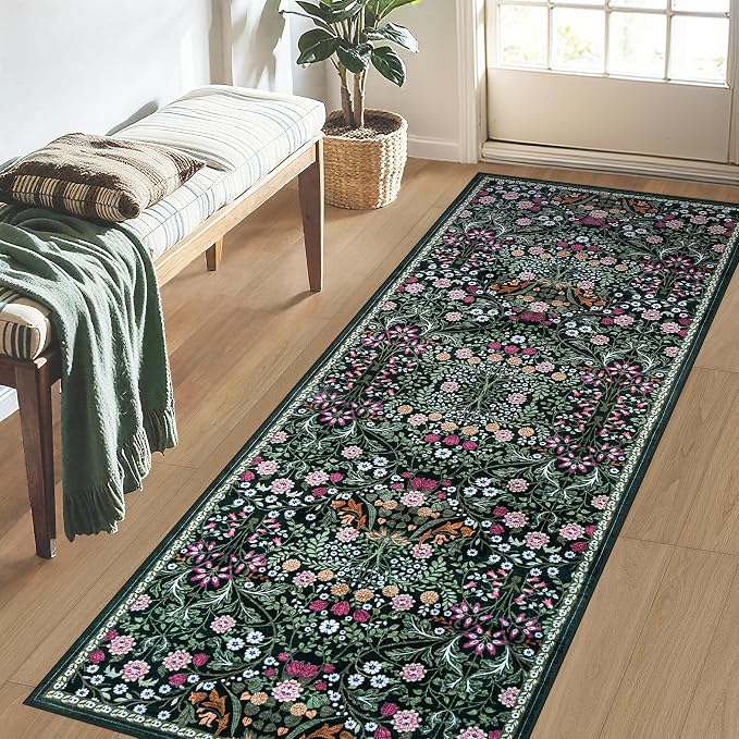 PLHXFR 2.6x8 Washable Runner Rug：Floral Indoor Kitchen Carpet Dark Green | - Image 3