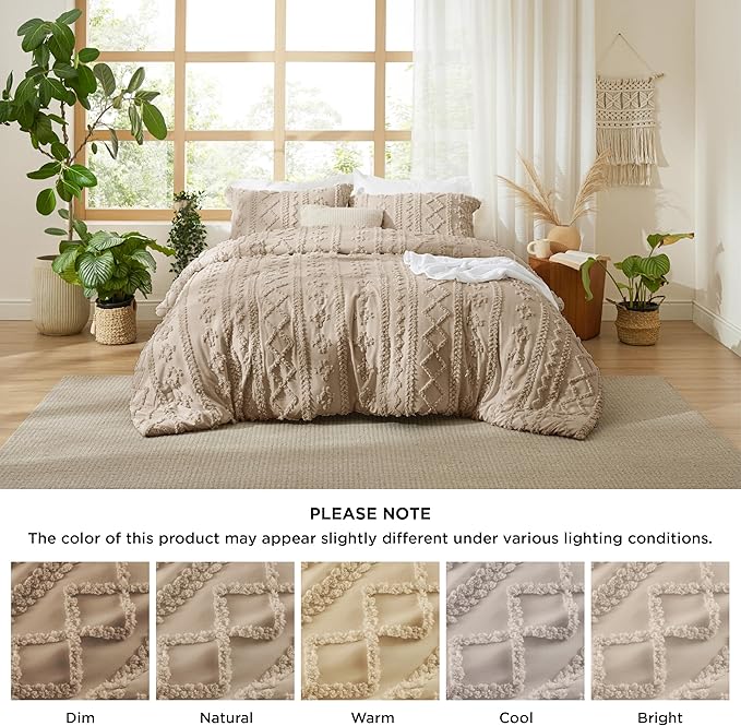 Bedsure Tufted Boho Comforter Set King Size - Khaki Boho Bed Set, GentleSoft™ 3 Pieces Farmhouse Shabby Chic Embroidery Bedding, Gifts for Woman, Soft Jacquard King Comforter for All Seasons