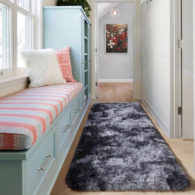 Runner Rugs for Bedroom Living Room, Fluffy Tie-Dyed Dark Grey 2x6 Area Rug | - Image 7