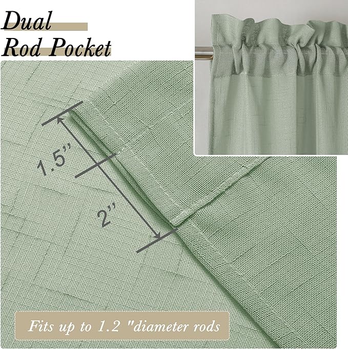 Aiyufeng Sheer Sage Green Kitchen Curtains 24 inch Length 2 PCS, Semi Sheer Linen Curtains for Bedroom, Faux Linen Textured Burlap Short Tier Farmhouse Cafe Curtains for Small Windows, 30Wx24L inch