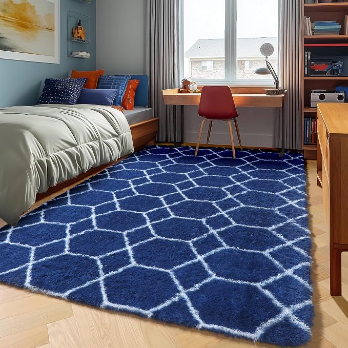 Area Rugs for Boys Bedroom Living Room, 4x6 Fluffy Navy Blue and White Rug | by ONASAR