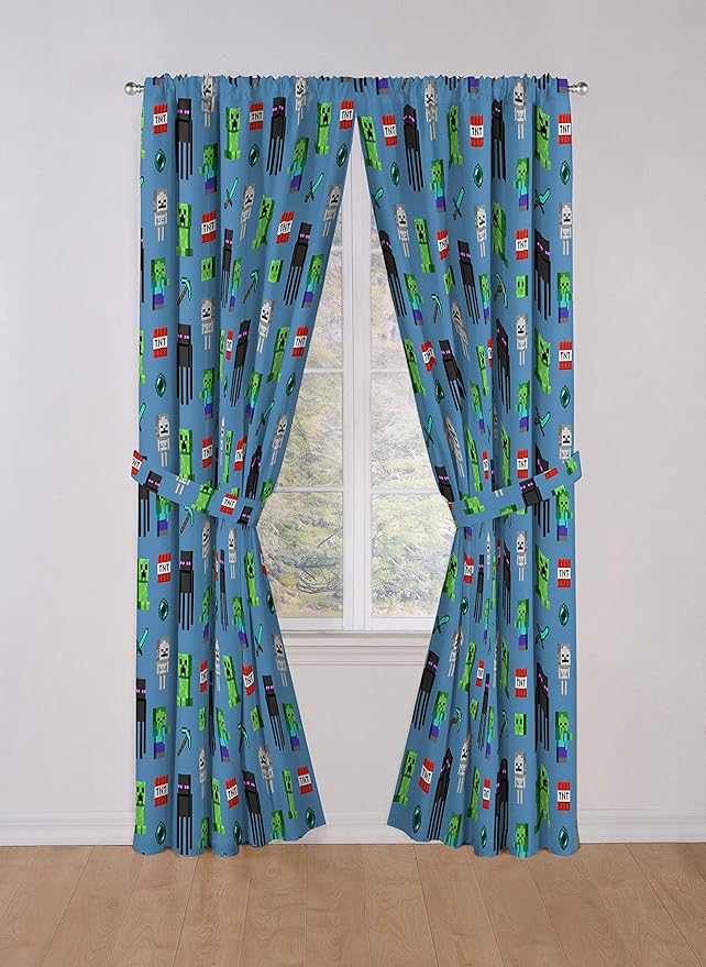 Jay Franco Kids Window Drapes - 4 Piece Curtain Set Includes 2 Tiebacks, Beautiful Bedding Room Décor and Easy Set Up, Blue - Minecraft, 84 Inch