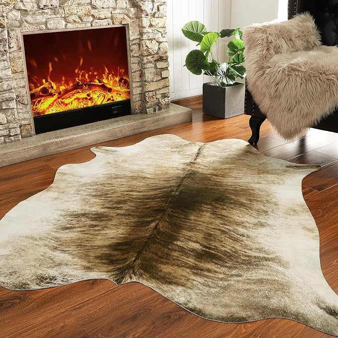 Western Faux Cowhide Rug, Animal Cow Hide Rug, 4.6 x 5.2 Ft Brownish | Premium - Image 9