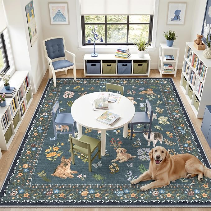 Soalmost Dog 8x10 Area Rugs for Living Room, Washable Soft Rug Navy Blue | - Image 2