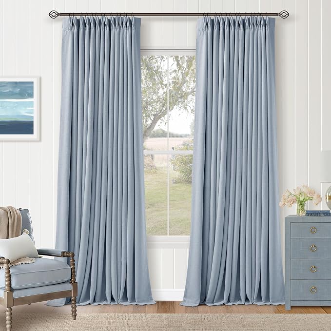 100 Inch Blackout Pinch Pleated Thick Linen Curtains 2 Panel Set | 100% Black by Twodrapes