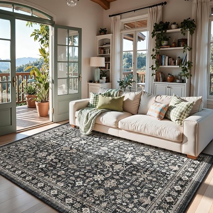Grey Area Rug 6x9 for Living Room Bedroom | Low Pile; Non Slip;Machine - Image 3