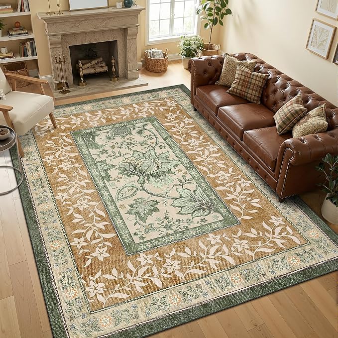 GarveeHome Terracotta Olive Sage Green Area Rugs 9x12 Living Room, Botanical by GarveeHome