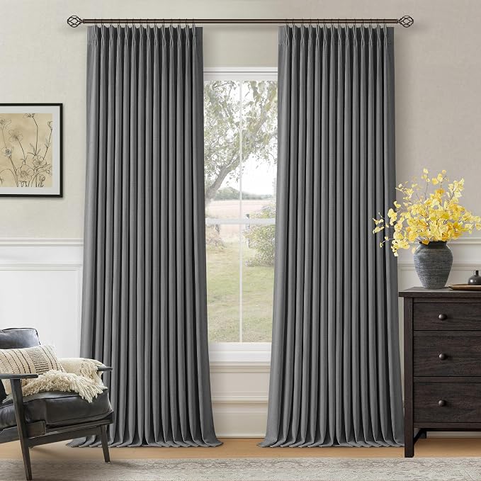 Dark Grey Pleated Thick Linen Blackout Curtains 108 Inches Long by Twodrapes