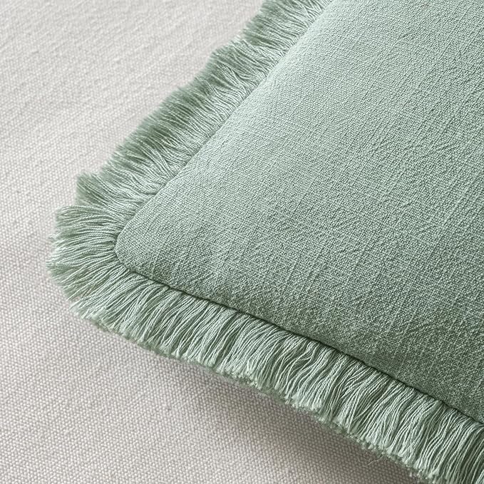 MIULEE Boho Linen Fringe Decorative Throw Pillow Covers Aqua Green 18x18 | Set - Image 3