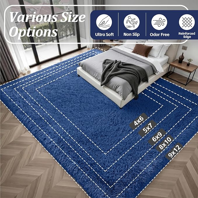 Area Rug Living Room Bedroom: 6x9 Fluffy Plush Shag Carpet Blue | - Image 9