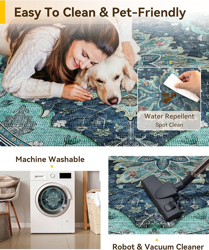 RELEANY Washable Area Rug, Round 5ft, Teal | Non-Slip, Water Repellent - Image 4