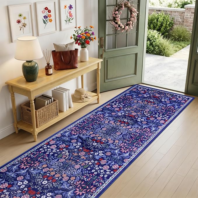 PLHXFR 3x10 Washable Runner Rug：Floral Indoor Kitchen Soft Carpet Blue | - Image 2
