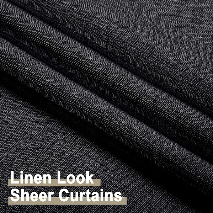 Aiyufeng Sheer Black Kitchen Curtains 24 inch Length 2 PCS, Semi Sheer Linen Curtains for Bedroom, Faux Linen Textured Burlap Short Tier Farmhouse Cafe Curtains for Small Windows, 30Wx24L inch
