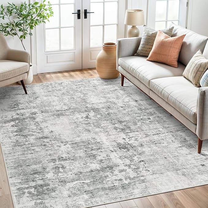 Soalmost Abstract Area Rug 6x9 for Living Room Washable Rugs Gray/White | by Soalmost
