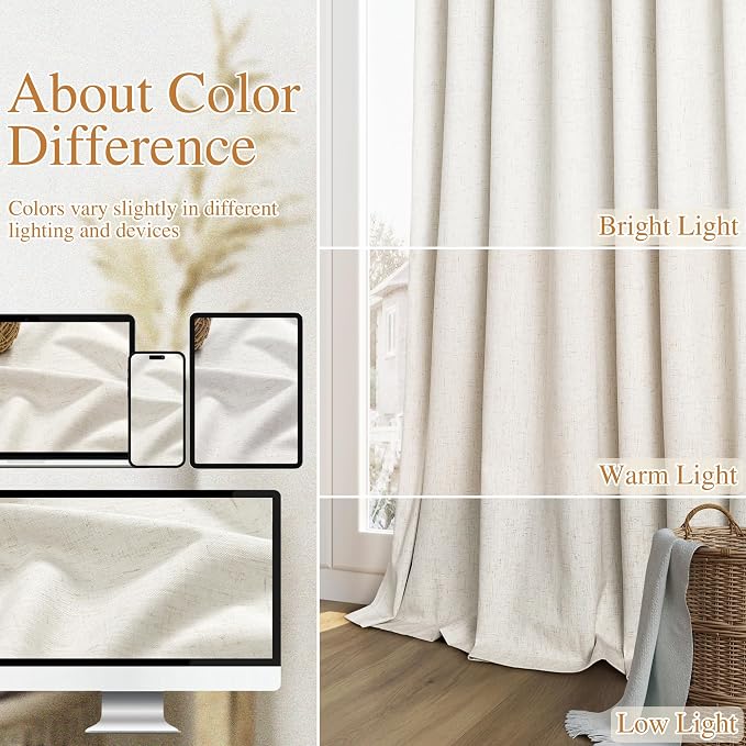 100% Blackout Linen Curtains for Bedroom 74 Inches Long Natural Cream Black Out - Image 7