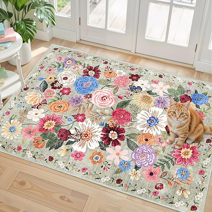 Green Floral Area Rug 2x3 for Entryway Bedroom Kitchen | Ultra-Thin;Boho - Image 6
