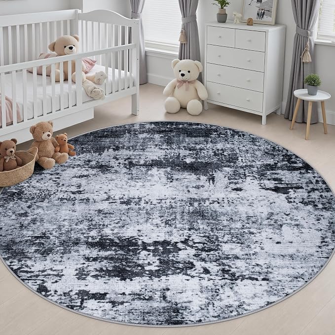Round Area Rug Living Room: 8 ft Modern Washable Carpet Black | - Image 5