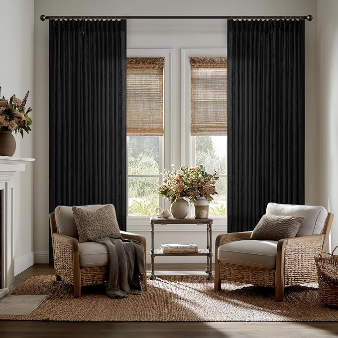 Black Linen Pleat Light Filtering Memory Shape Train Curtains 84 Inch Long | - Image 7