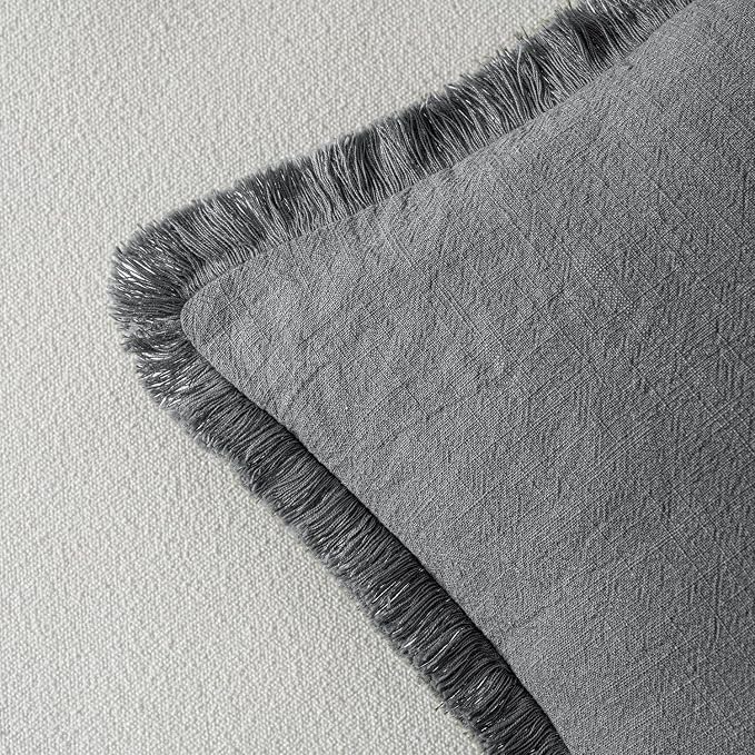 MIULEE Boho Linen Fringe Decorative Throw Pillow Covers Grey 20x20 | Set of 2 - Image 3
