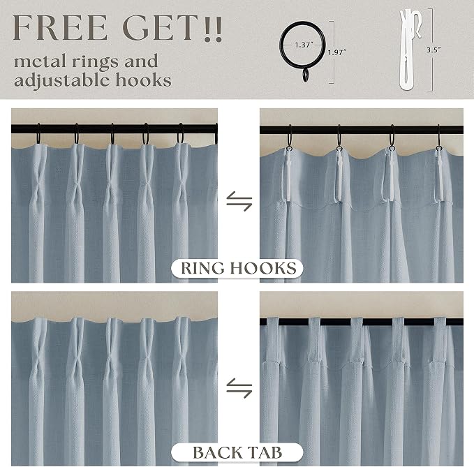 Dusty Blue 80 Inch Pinch Pleated Linen Curtains 2 Panels Set | Light Filtering - Image 5