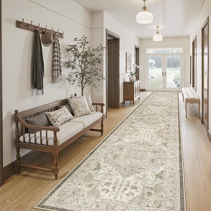 Madane Hallway Runner Rug 2'6''x16' Kitchen Runners Vintage, Ivory/Brown | Long by Madane