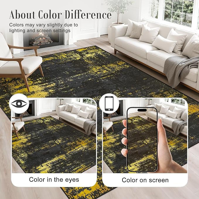 5x8 Area Rug Living Room: Modern Washable Soft Carpet Black Gold | - Image 6