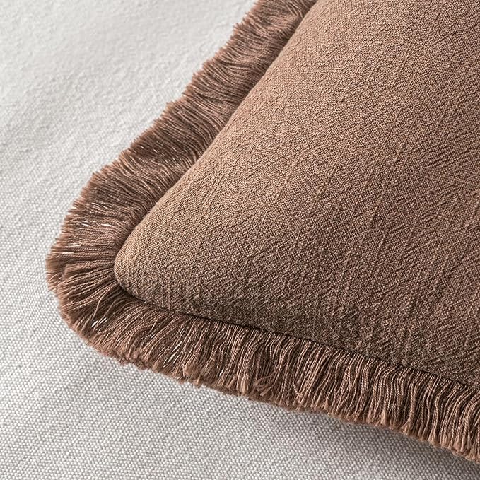 MIULEE Linen Fringe Decorative Fall Euro Pillow Covers Dark Coffee 22x22 | Set - Image 3
