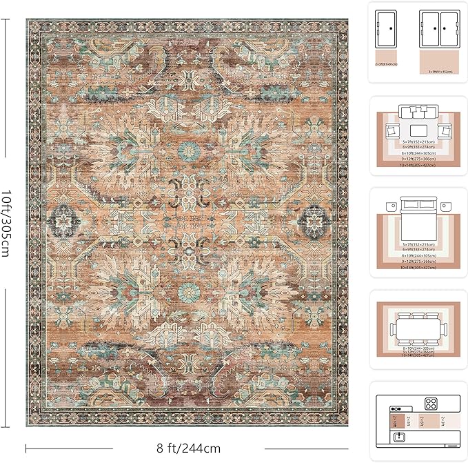 8x10 Area Rugs, Vintage Retro Soft Washable Rug, Non-Slip Low Pile Rugs - Image 2
