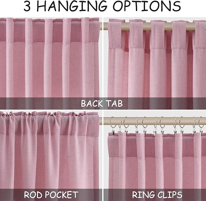 Rose Linen Curtains 90 Inch Long 2 Panels Set Back Tab Rod Pocket Semi Sheer - Image 2