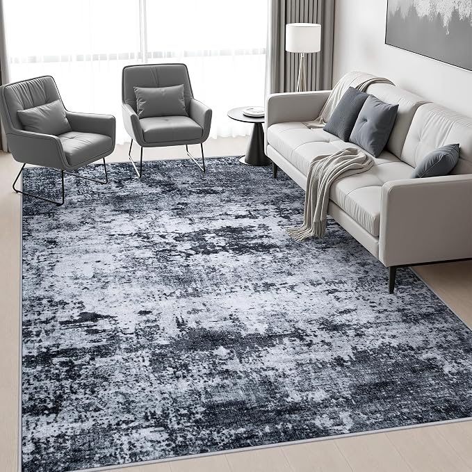 Area Rug Living Room: 8x8 Modern Washable Indoor Carpet Black | - Image 5