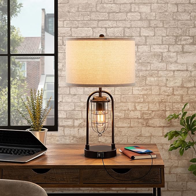 KAWOTI Set of 2 Farmhouse Table Lamps with USB Ports and Night Light Modern Nightstand Lamp for Living Room Bedroom（Bulbs Included）