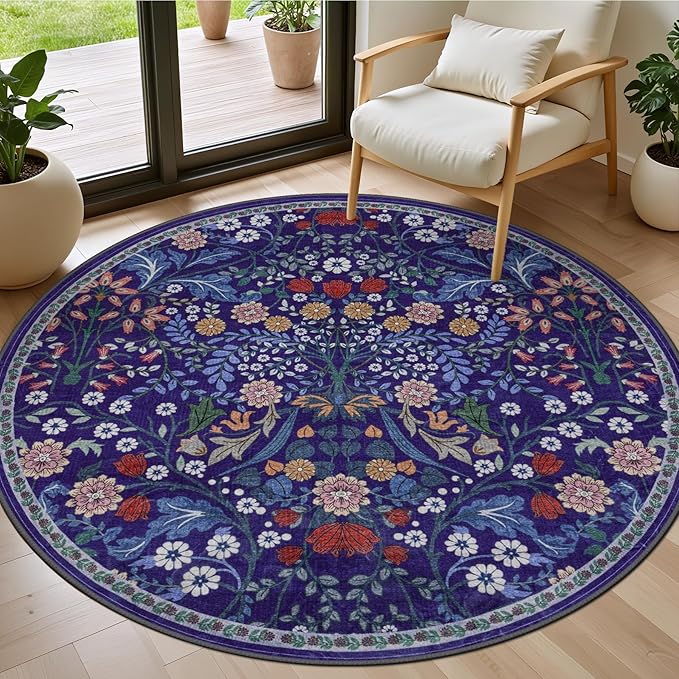 PLHXFR Round Area Rug Living Room: 4 ft Floral Washable Soft Carpet Blue | by PLHXFRSoftAreaRugs