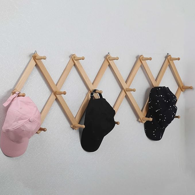 WEBI Accordion Wall Hanger,Expandable Wooden Coat Rack,Accordion Hat Rack for Wall for Hats,Caps,16 Peg Hooks,Natural,2 Packs