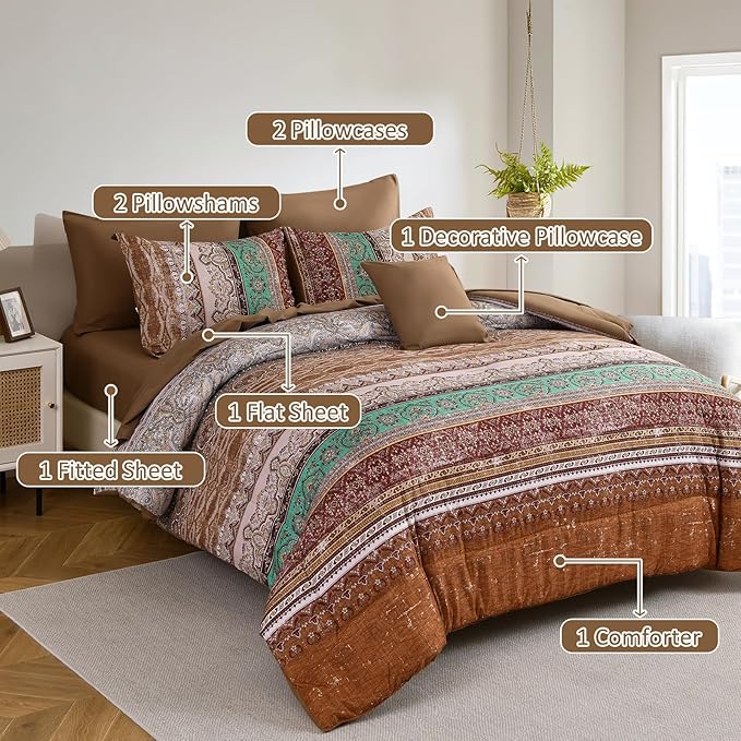 Boho Queen Comforter Set 8 Pieces, Brown Bohemian Striped Bed in a Bag, Paisley Soft Microfiber Bedding Comforter Set