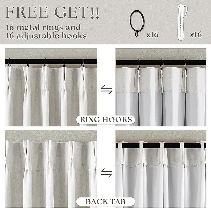 100% Blackout Pinch Pleated Linen 84 Inch Curtains 2 Panels Beige White | 2 - Image 6