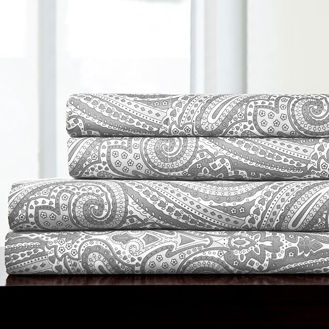 King Size Sheets - Breathable Luxury Bed Sheets with Full Elastic & Secure Corner Straps Built In - 1800 Supreme Collection Extra Soft Deep Pocket Bedding Set, Sheet Set, King, Paisley Gray