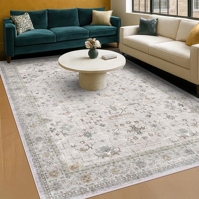 Boho Light Gray & Sage 6x8 Living Room Rug by HazoHaus