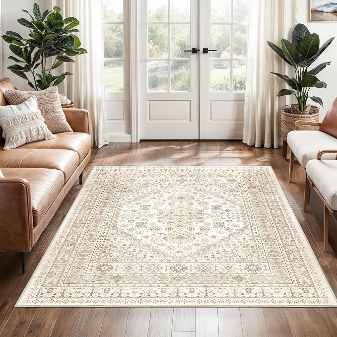 3x5 Washable Area Rug for Entryway Non Slip Rugs, Cream/Beige | Vintage Kitchen - Image 3