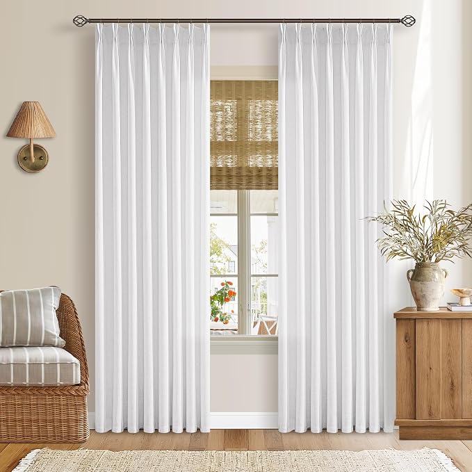 80 Inch Pinch Pleated Snow White Semi Sheer Privacy Linen Curtains 2 Panels | by Twodrapes
