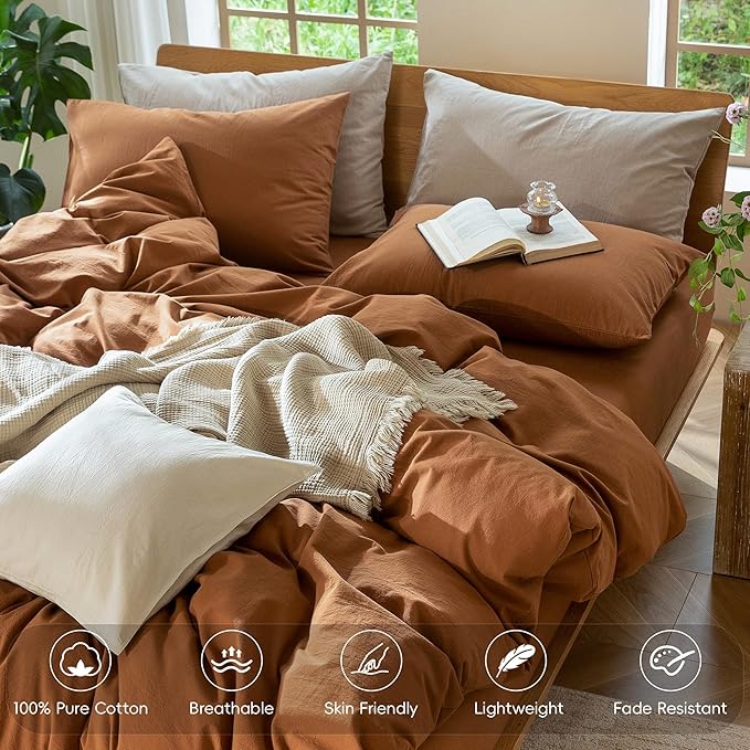 MooMee Bedding Duvet Cover Set 100% Washed Cotton Linen Like Textured Breathable Durable Soft Comfy (Solid Dark Orange, Super Queen 90"x98")