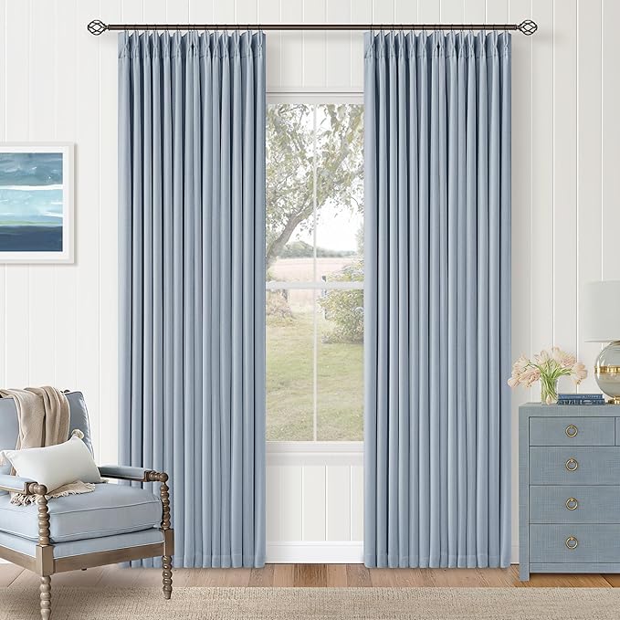 Pinch Pleated 100% Blackout Thick Linen Light Blue Curtains 84 Inches Long | by Twodrapes