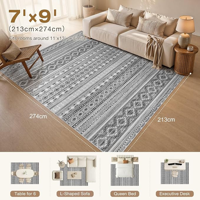 cotiled Boho 7x9 Area Rug for Living Room: Large Moroccan Washable Rug | Stain - Image 2