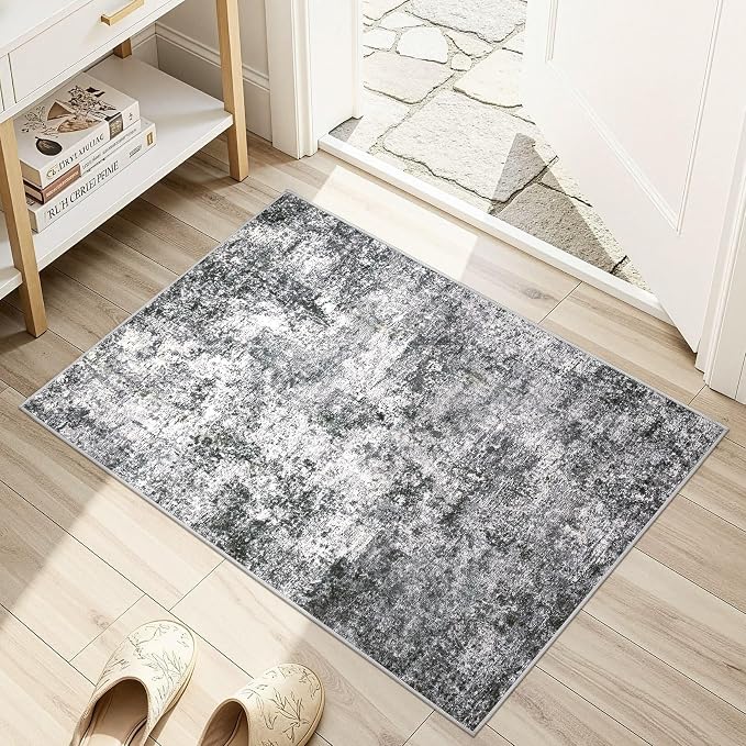 DMOYEST 2x3 Entryway Area Rug Washable Abstract Grey Small Carpet | Neutral - Image 3