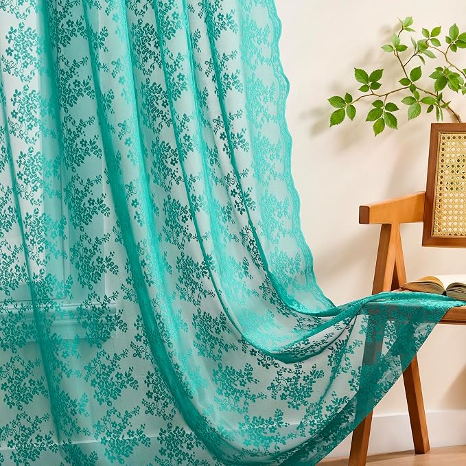 YJ YANJUN Vintage Lace Curtains 96 Inches Long-Victorian Floral Teal Sheer - Image 3