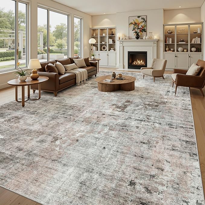 Soalmost 10x14 Area Rugs for Living Room Washable Rug Abstract Pink/Grey | - Image 2