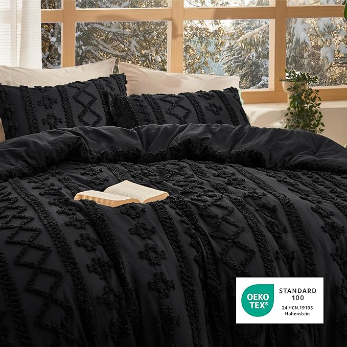 Bedsure Tufted Boho Comforter Set Oversized King - Black Boho Bed Set, GentleSoft™ 3 Pieces Farmhouse Shabby Chic Embroidery Bedding, Gifts for Woman, Soft Jacquard Comforter for All Seasons