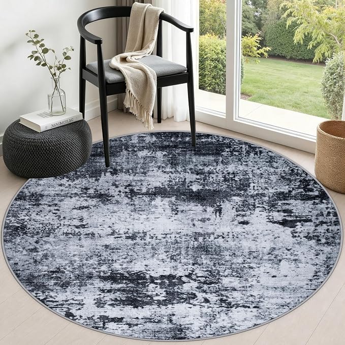 Round Area Rug Living Room: 5 ft Modern Washable Carpet Black | by FXRHLP
