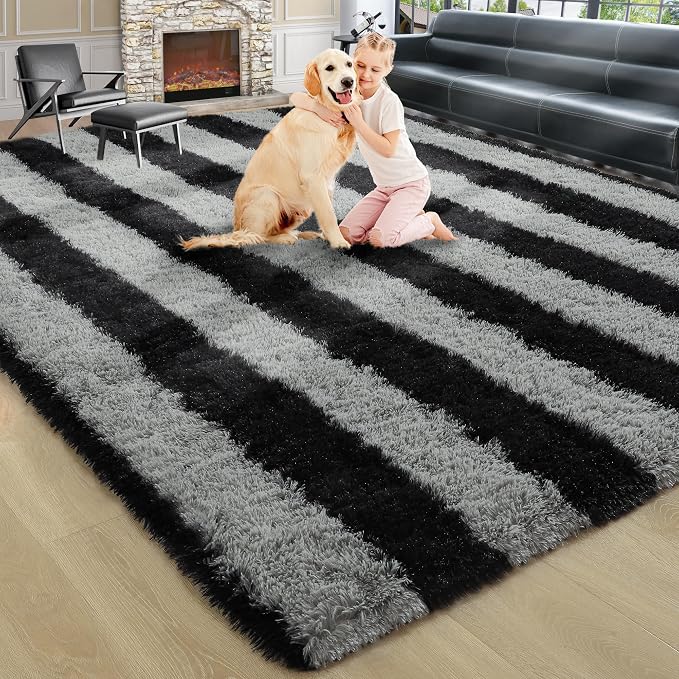 6x9 Large Black and Grey Fluffy Area Rug Non-Slip - Image 9
