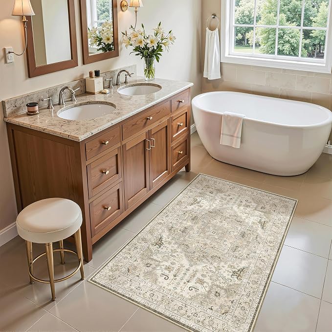 Madane Washable Area Rug 2x3 Small Entryway Rugs Non-Slip, Ivory/Brown | - Image 3