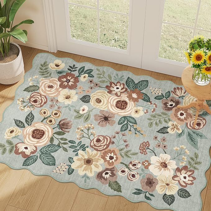 DUKINO 2x3 Rug for Entryway, Floral Door Mat Washable Rug, Sage Green | Non Slip by DUKINO